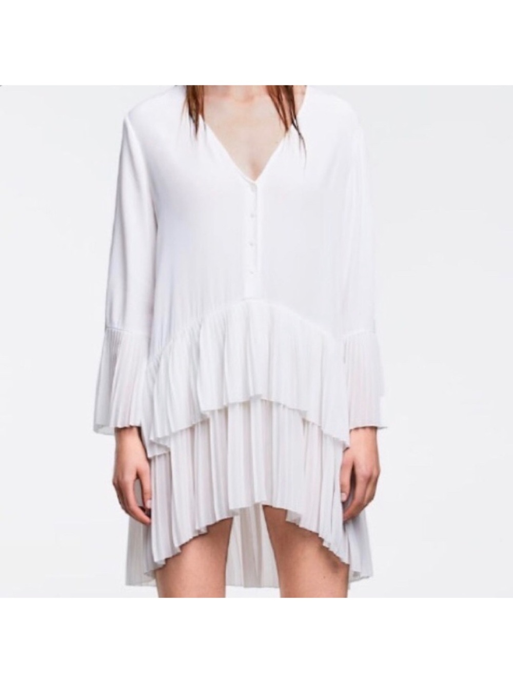 Zara White Pleated High-Low V-Neck Dress